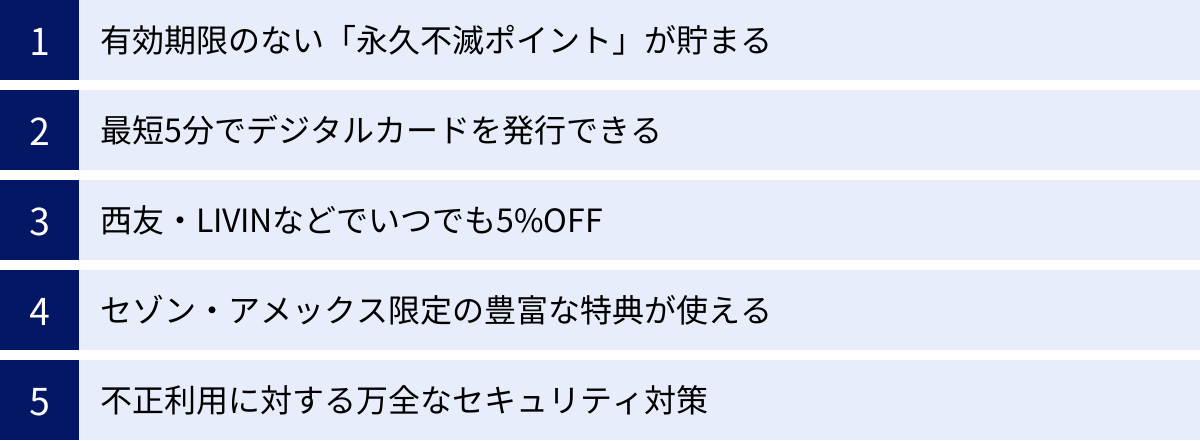 有効期限のない「永久不滅ポイント」が貯まる、最短5分でデジタルカードを発行できる、西友・LIVINなどでいつでも5%OFF、セゾン・アメックス限定の豊富な特典が使える、不正利用に対する万全なセキュリティ対策