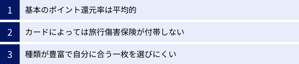 基本のポイント還元率は平均的、カードによっては旅行傷害保険が付帯しない、種類が豊富で自分に合う一枚を選びにくい