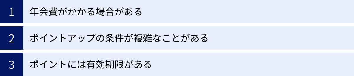 年会費がかかる場合がある、ポイントアップの条件が複雑なことがある、ポイントには有効期限がある