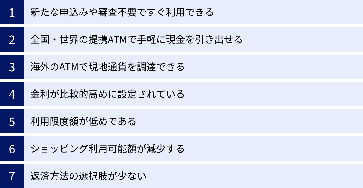 新たな申込みや審査不要ですぐ利用できる、全国・世界の提携ATMで手軽に現金を引き出せる、海外のATMで現地通貨を調達できる、金利が比較的高めに設定されている、利用限度額が低めである、ショッピング利用可能額が減少する、返済方法の選択肢が少ない