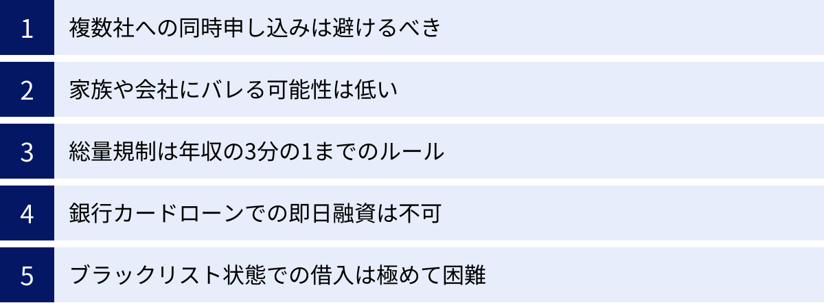 複数社への同時申し込みは避けるべき、家族や会社にバレる可能性は低い、総量規制は年収の3分の1までのルール、銀行カードローンでの即日融資は不可、ブラックリスト状態での借入は極めて困難