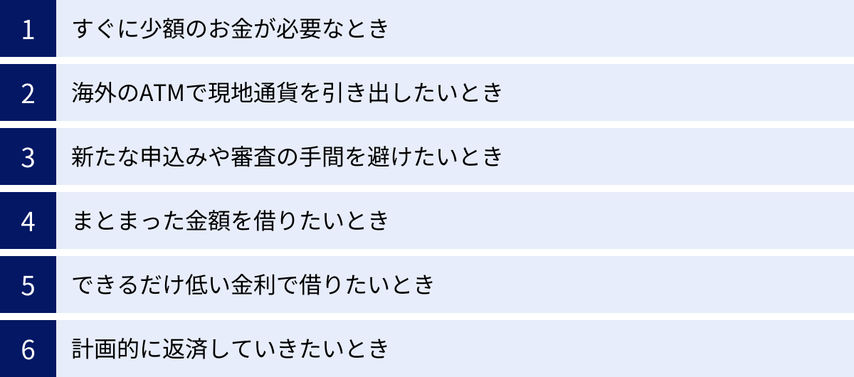 すぐに少額のお金が必要なとき、海外のATMで現地通貨を引き出したいとき、新たな申込みや審査の手間を避けたいとき、まとまった金額を借りたいとき、できるだけ低い金利で借りたいとき、計画的に返済していきたいとき
