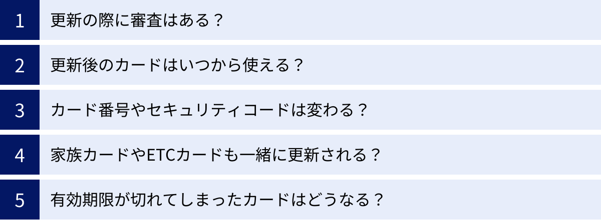 更新の際に審査はある？、更新後のカードはいつから使える？、カード番号やセキュリティコードは変わる？、家族カードやETCカードも一緒に更新される？、有効期限が切れてしまったカードはどうなる？