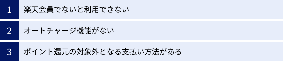 楽天会員でないと利用できない、オートチャージ機能がない、ポイント還元の対象外となる支払い方法がある