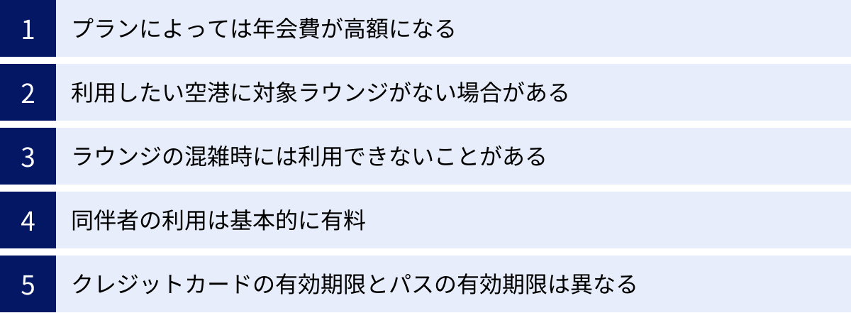 プランによっては年会費が高額になる、利用したい空港に対象ラウンジがない場合がある、ラウンジの混雑時には利用できないことがある、同伴者の利用は基本的に有料、クレジットカードの有効期限とパスの有効期限は異なる