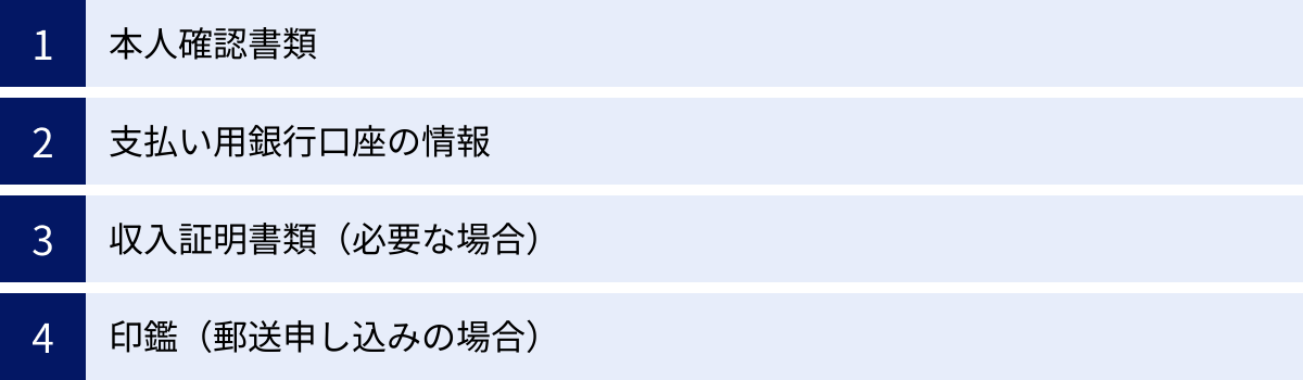 本人確認書類、支払い用銀行口座の情報、収入証明書類（必要な場合）、印鑑（郵送申し込みの場合）