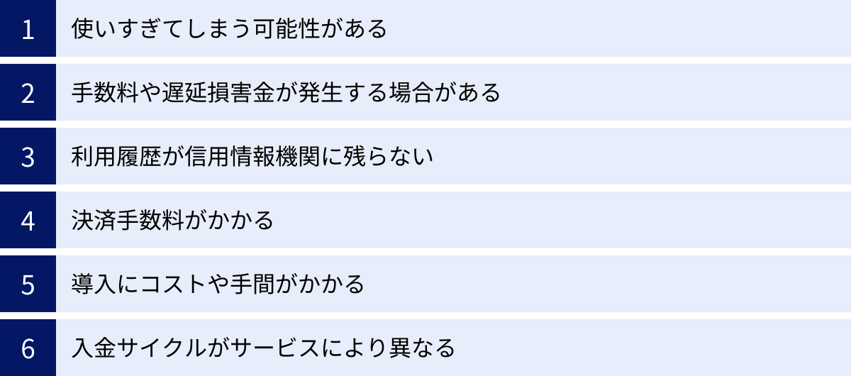 使いすぎてしまう可能性がある、手数料や遅延損害金が発生する場合がある、利用履歴が信用情報機関に残らない、決済手数料がかかる、導入にコストや手間がかかる、入金サイクルがサービスにより異なる