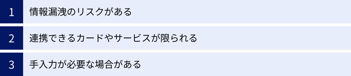 情報漏洩のリスクがある、連携できるカードやサービスが限られる、手入力が必要な場合がある