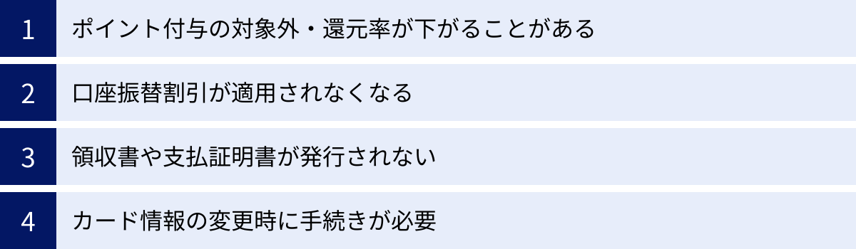 ポイント付与の対象外・還元率が下がることがある、口座振替割引が適用されなくなる、領収書や支払証明書が発行されない、カード情報の変更時に手続きが必要