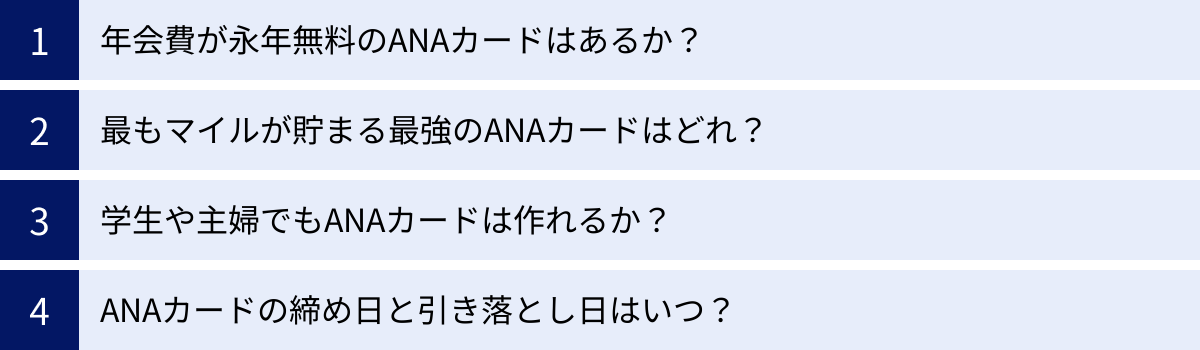 年会費が永年無料のANAカードはあるか？、最もマイルが貯まる最強のANAカードはどれ？、学生や主婦でもANAカードは作れるか？、ANAカードの締め日と引き落とし日はいつ？
