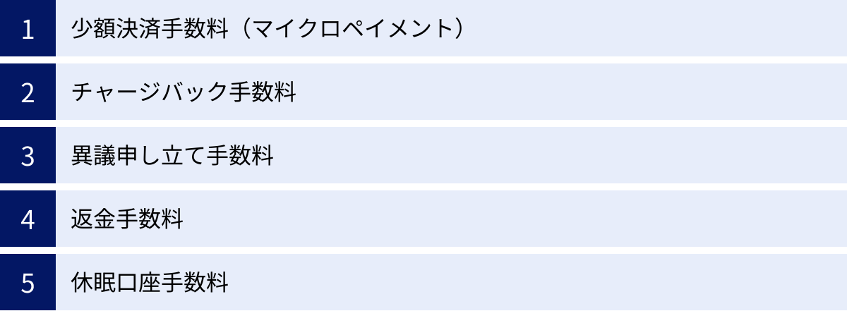 少額決済手数料（マイクロペイメント）、チャージバック手数料、異議申し立て手数料、返金手数料、休眠口座手数料