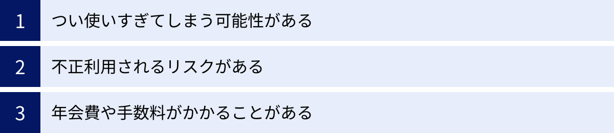 つい使いすぎてしまう可能性がある、不正利用されるリスクがある、年会費や手数料がかかることがある