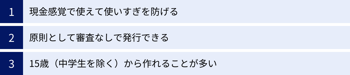 現金感覚で使えて使いすぎを防げる、原則として審査なしで発行できる、15歳（中学生を除く）から作れることが多い