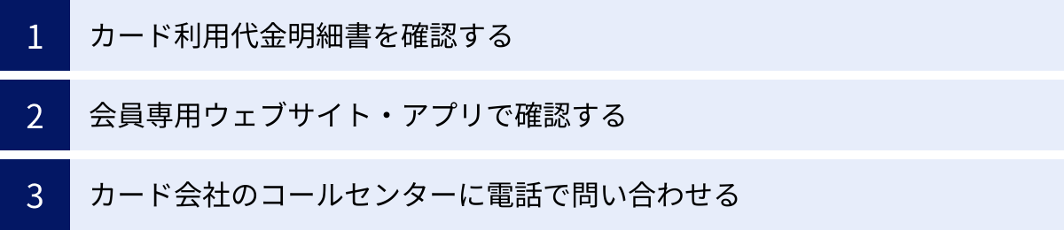 カード利用代金明細書を確認する、会員専用ウェブサイト・アプリで確認する、カード会社のコールセンターに電話で問い合わせる