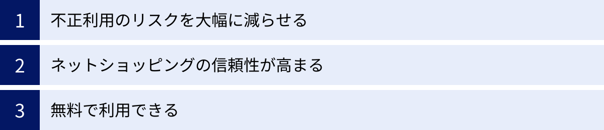 不正利用のリスクを大幅に減らせる、ネットショッピングの信頼性が高まる、無料で利用できる