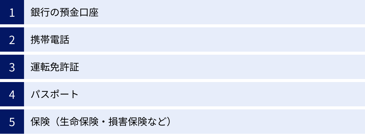 銀行の預金口座、携帯電話、運転免許証、パスポート、保険（生命保険・損害保険など）