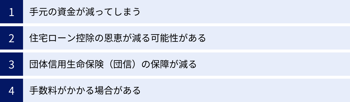 手元の資金が減ってしまう、住宅ローン控除の恩恵が減る可能性がある、団体信用生命保険（団信）の保障が減る、手数料がかかる場合がある