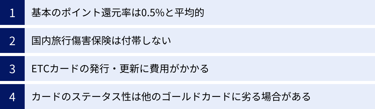 基本のポイント還元率は0.5%と平均的、国内旅行傷害保険は付帯しない、ETCカードの発行・更新に費用がかかる、カードのステータス性は他のゴールドカードに劣る場合がある