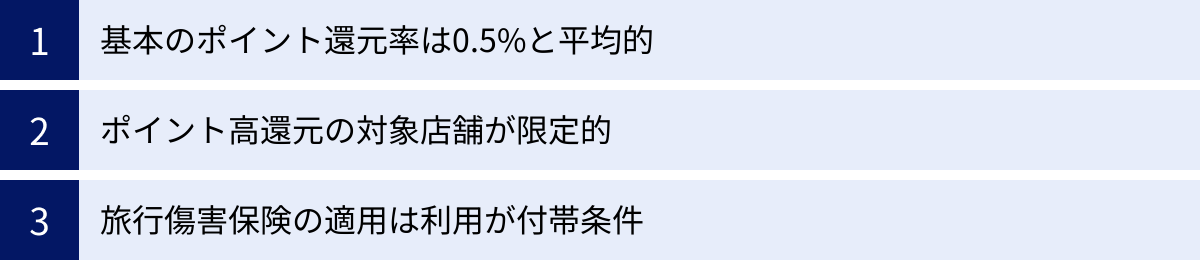 基本のポイント還元率は0.5%と平均的、ポイント高還元の対象店舗が限定的、旅行傷害保険の適用は利用が付帯条件