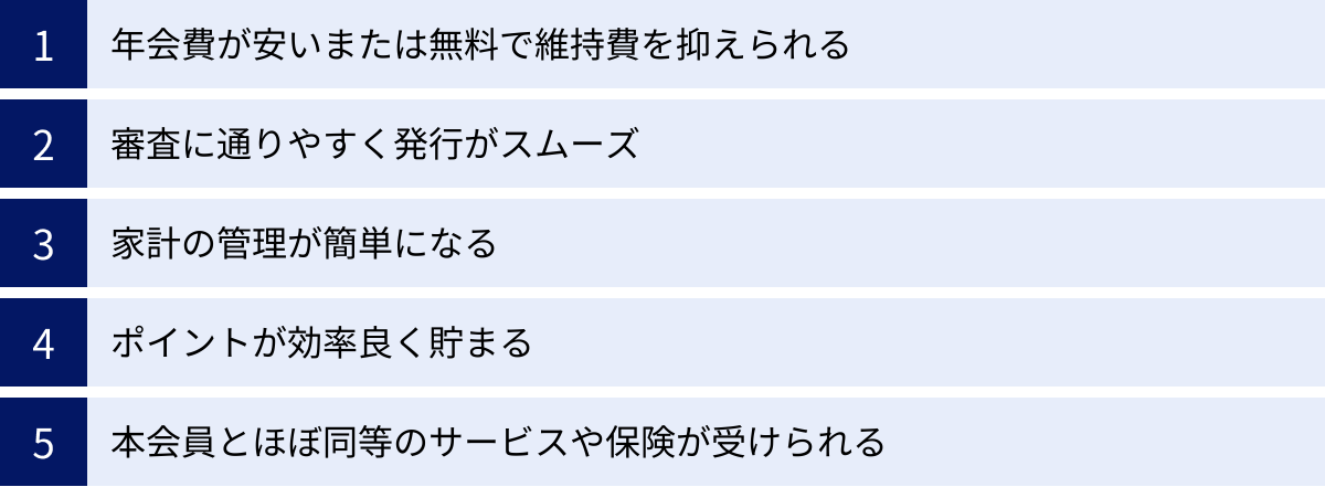 年会費が安いまたは無料で維持費を抑えられる、審査に通りやすく発行がスムーズ、家計の管理が簡単になる、ポイントが効率良く貯まる、本会員とほぼ同等のサービスや保険が受けられる