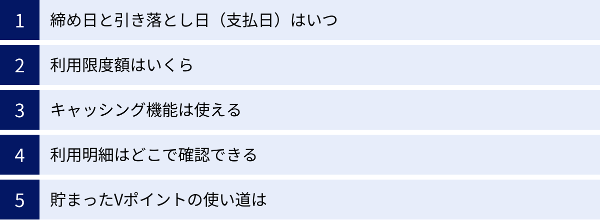 締め日と引き落とし日（支払日）はいつ、利用限度額はいくら、キャッシング機能は使える、利用明細はどこで確認できる、貯まったVポイントの使い道は
