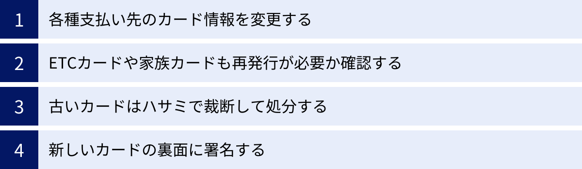 各種支払い先のカード情報を変更する、ETCカードや家族カードも再発行が必要か確認する、古いカードはハサミで裁断して処分する、新しいカードの裏面に署名する