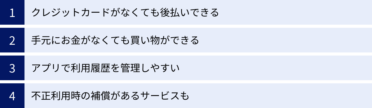 クレジットカードがなくても後払いできる、手元にお金がなくても買い物ができる、アプリで利用履歴を管理しやすい、不正利用時の補償があるサービスも